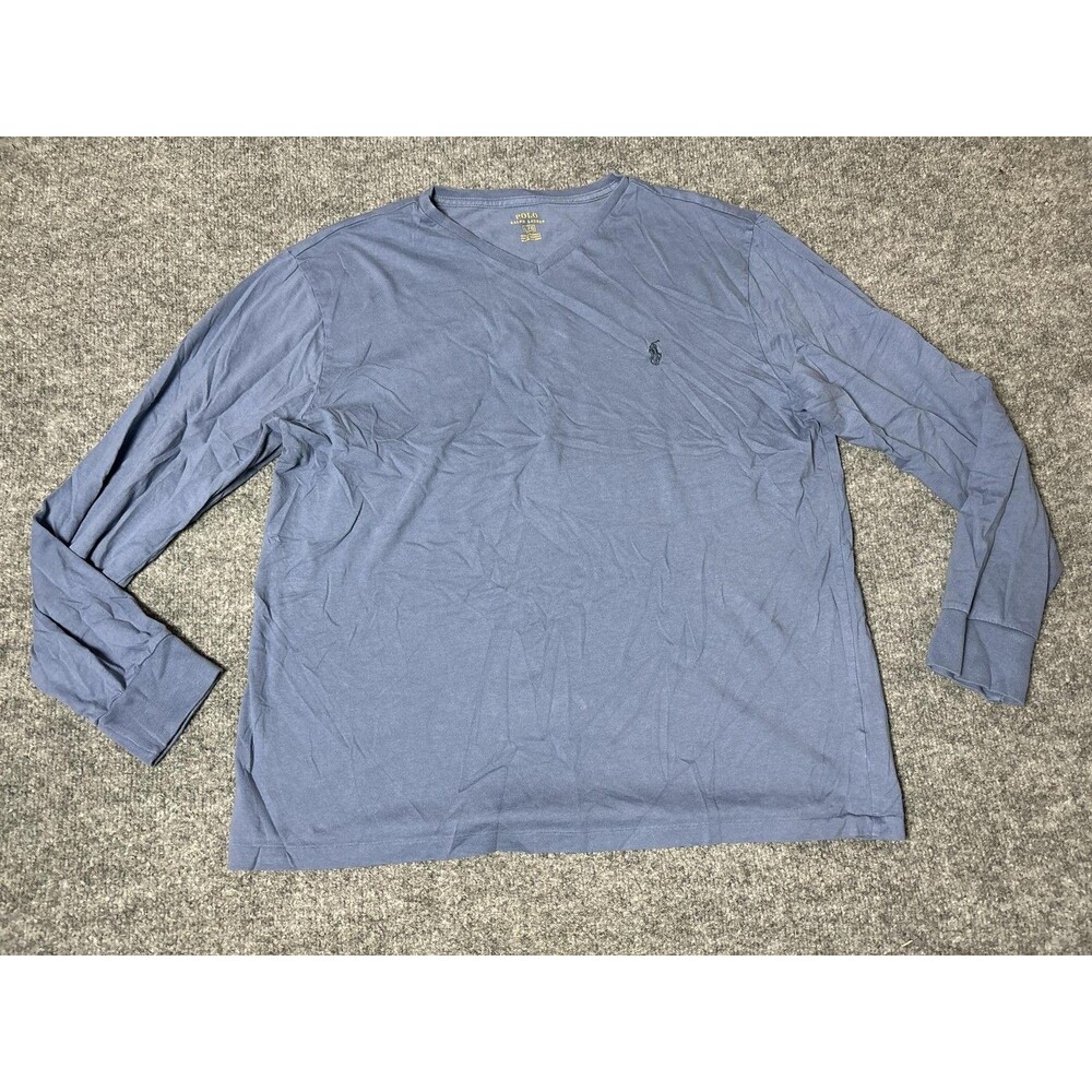 Polo Ralph Lauren Shirt Mens L Blue V-Neck Long Sleeve Cotton Logo Tee Tagless